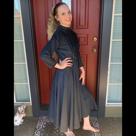 1950s L’AIGLON Dress Blue Mid Century Classic Dress Cotton Fit and Flare Large - Picture 4 of 9